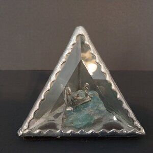 Beveled Glass And Pewter Pyramid Shaped Diorama Gold Miner Cactus Mule Burro